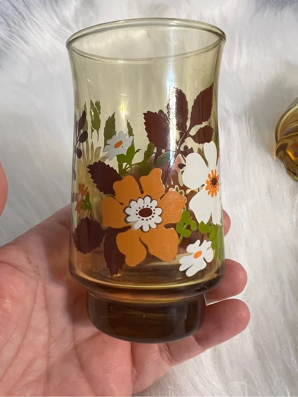 Libbey Juice Glasses Flower Amber Groovy 1970s Vintage - 4 pcs